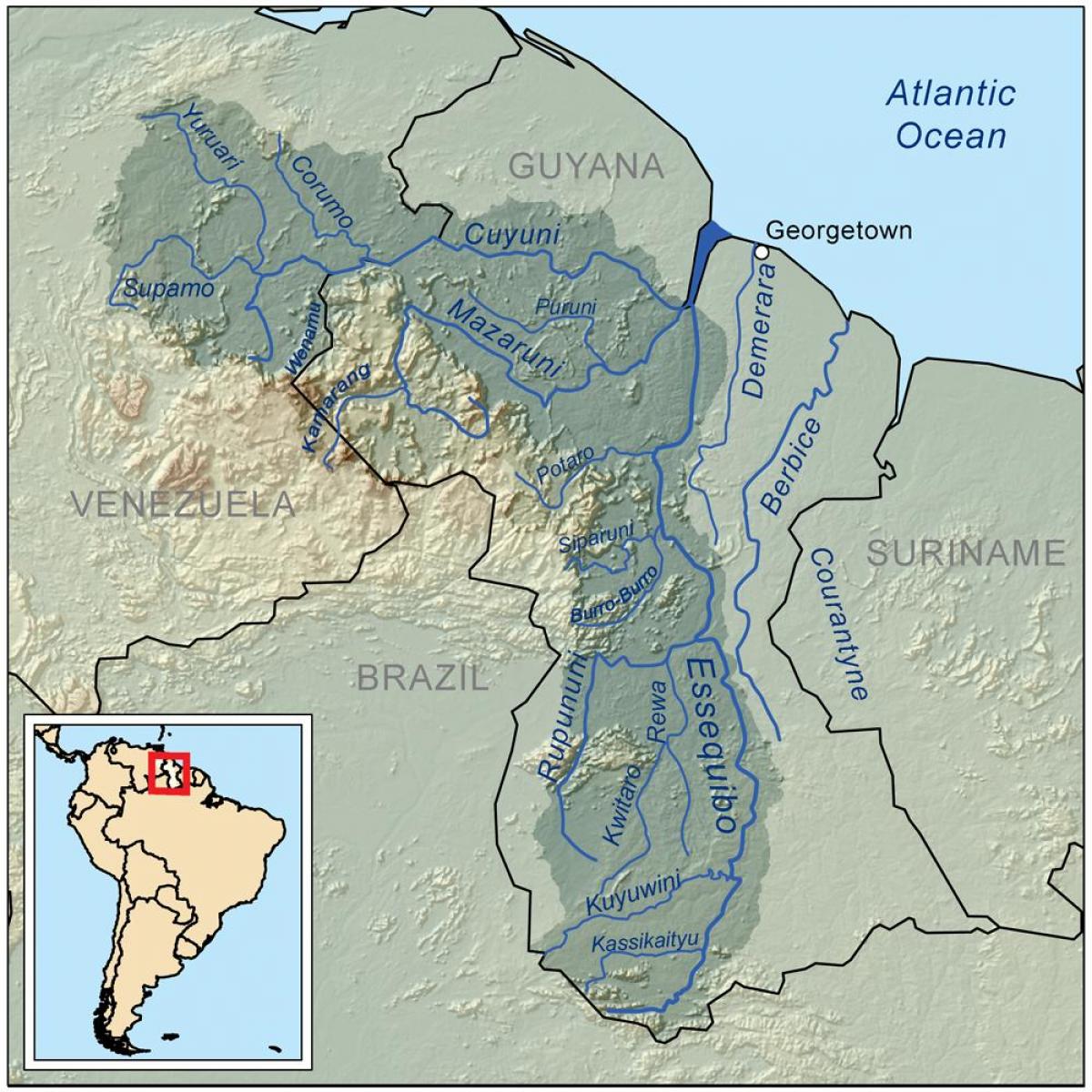 harta e Guajana treguar tre lumenjtë kryesorë të vendit
