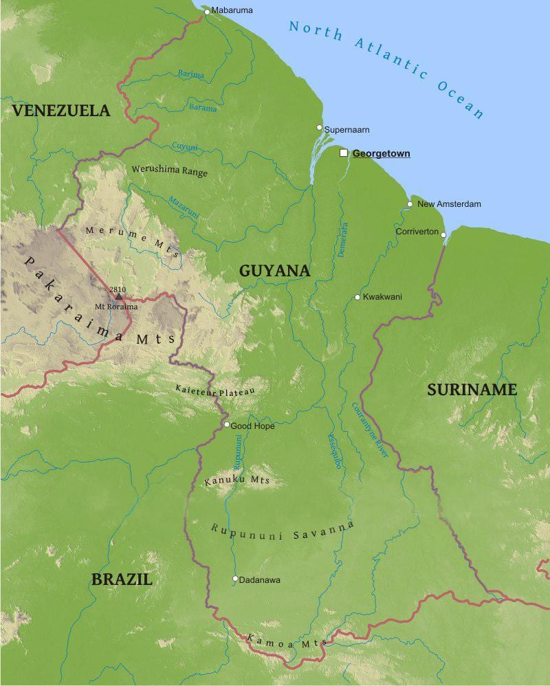 harta e Guajana treguar ulët bregdetare plain